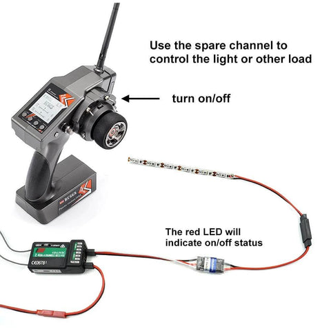 Remote Control AUX On Off Electronic Switch Relay setup shown with transmitter and LED light connection for cars and drones.