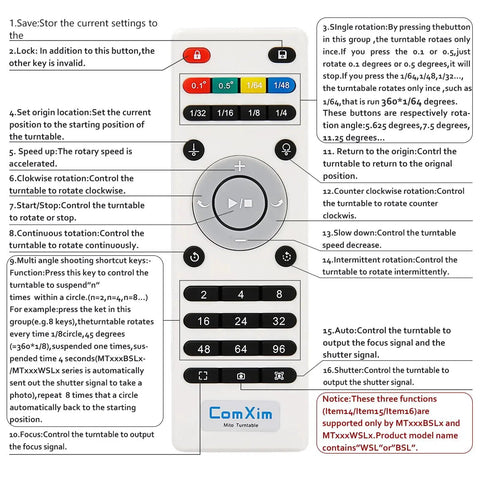Remote control for 32cm Motorized Rotating Platform With 350lbs Capacity For Photography And Display, showing buttons and instructions.