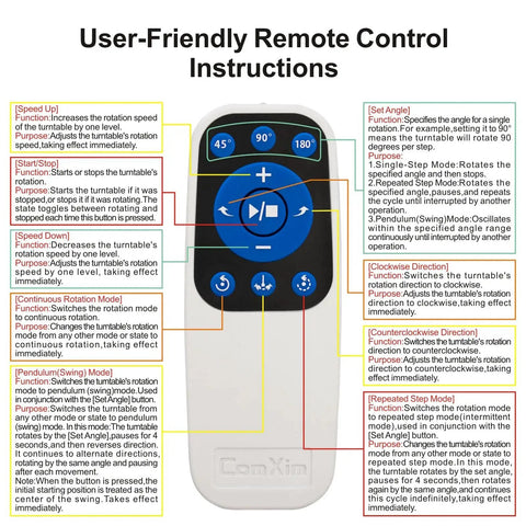 Remote control instructions for Electric Motorized Turntable 12.6 Inch Diameter Rotating Display Stand.