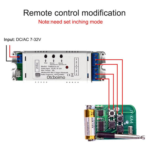Otcboimo WiFi 2‑channel relay controller for DC 7–32V; left input terminals, right 4 screw terminals, microcontroller board