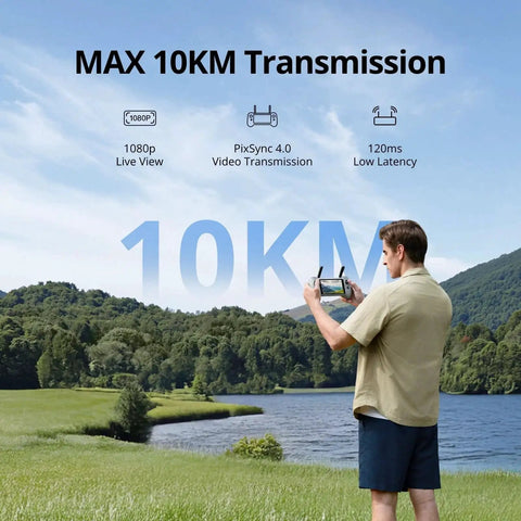 Man using PTD 1 Remote Controller With 5.5-Inch 1080P Full HD Touch Display 10KM Transmission in a scenic outdoor environment