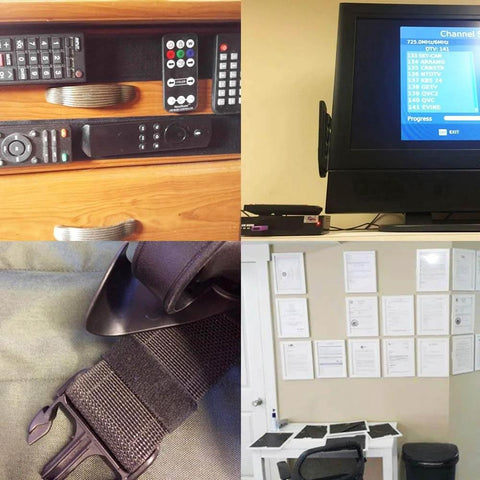 Collage of four images showing remote controls, a TV screen, a buckle strap with hook and loop tape, and documents on a wall.