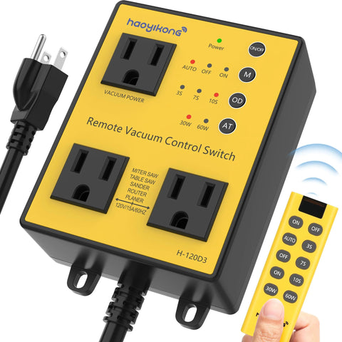 Remote vacuum control switch with dual outlets, yellow housing; Haoyikong wireless remote included.