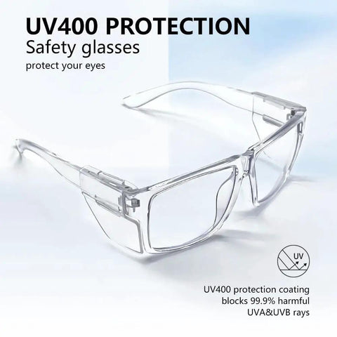 Removable Side Shield Safety Glasses With UV400 Anti Fog Lenses For Work shown with clear frames and detachable side shields.