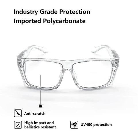 Removable Side Shield Safety Glasses With UV400 Anti Fog Lenses For Work, front view showing anti-scratch polycarbonate.