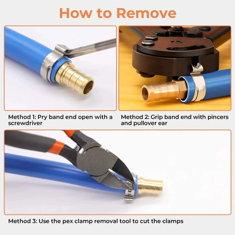 Steps to remove 120 Pcs Half Inch PEX Cinch Clamps Rings 304 Stainless Steel Single Ear Hose Clamps from PEX tubing