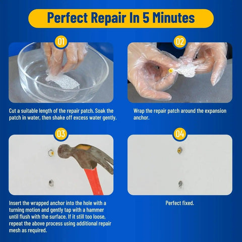 Instructional steps for using Drywall Anchor Repair Kit For Quick Fixes No Drilling Needed With Patch And Cut Ready 1.96 Ft By 39.37 In Easy Cut For Loose Anchors And Hole Repair On Most Surfaces All In One Kit For Fast Permanent Fix Kenbry.