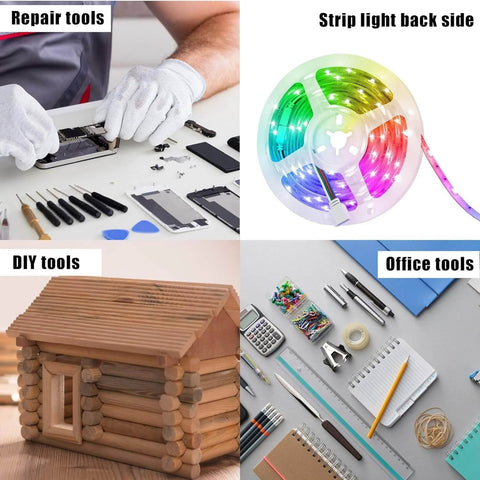 Collage of tools: repair tools for electronics, colorful LED strip light, DIY wooden house kit, and office supplies with notebooks.