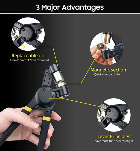 Hand holding tool with replaceable die and magnetic suction, showcasing 3 major advantages, 6mm/10mm/12mm grommet capacity.