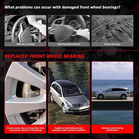 Comparison of damaged vs. replaced front wheel bearing on a Mercedes Benz showcasing ride stability and performance benefits.
