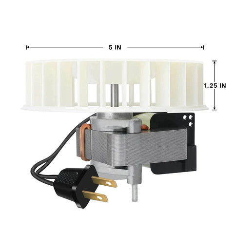 Side view of 89850000 S89850000 Replacement Bathroom Exhaust Fan Motor with 5-inch blower wheel, plug attached.