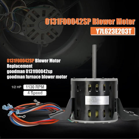 Replacement 1/2HP 115V blower motor 0131F00042SP for Goodman Amana units, front view showing motor and wiring