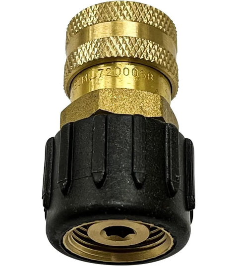 Brass female M22 QC socket for pressure washers, gold finish with black plastic body
