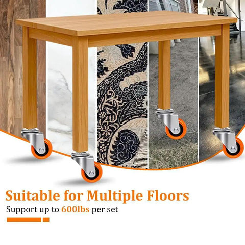 Close-up of table with Replacement Casters Set Of 4 For Wet Dry Vacuums, 2 Inch Stem, 600 Pound Weight Capacity, orange wheels on floor.