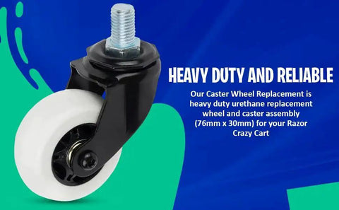 Premium Replacement Caster Wheel 76mm By 30mm For Razor Crazy Cart CC XL And DLX, heavy-duty urethane wheel with bolt, side view