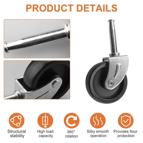 Close-up of 4 Pcs Wet Dry Vacuum Caster Wheels Replacement Set for Vacuum Cleaners Compatible With Dewalt Craftsman Ridgid Models RV1250 RT1200 1650RV WD1850M WD1635M Replacement Parts 12293 29776 73137 331605 73102, showing metal frame and wheel features for stability and smooth operation.