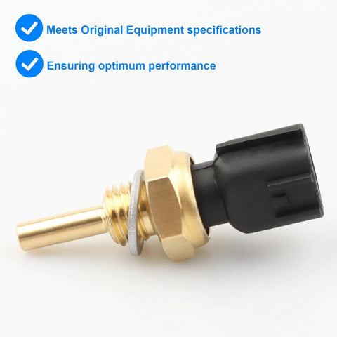 Coolant temperature sensor (ECT) with brass threaded stem, hex nut, and black plastic connector.