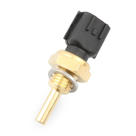 Coolant temperature sensor with brass threaded stem and black plastic connector, front view.