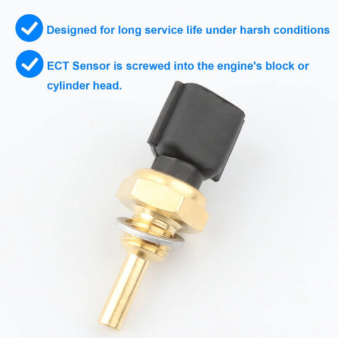 Coolant temperature sensor (ECT) with brass stem, hex nut, and black plastic connector.