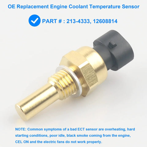 ECT coolant temperature sensor with brass threaded stem and black connector for GM vehicles.