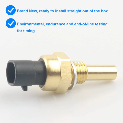 Coolant temperature sensor with brass body, hex nut, threaded fitting and black plastic connector.