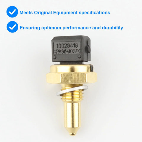 Coolant temperature sensor (ECT) for BMW, front view, brass body with threaded stem and black plastic connector.