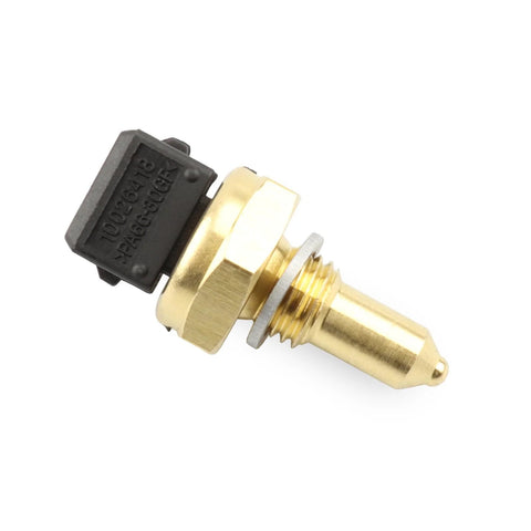 Coolant temperature sensor with brass threaded body and black plastic connector.