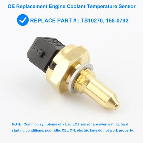 Brass automotive coolant temperature sensor with black plastic connector and threaded hex nut.