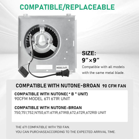 Premium Replacement Exhaust Fan For Nutone 671 And 672 Series 9 Inch 3.5 Sones Model 671 672 Compatible With Broan 750 751 752