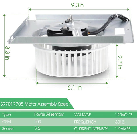 8663RP B Unit for NuTone,8664RP B Unit for NuTone 8663RP,Motor Assembly 97017705 Replacement Fan Motor for 8664RP 671R 672R Broan 750 751 752,Replaces JA2B104N/86933000 showing dimensions and specifications