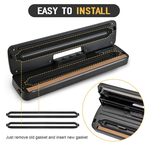 Food sealer gasket replacement kit for vacuum sealers; two black foam saver rubber gaskets for GERYON E2900/E2901 diagram