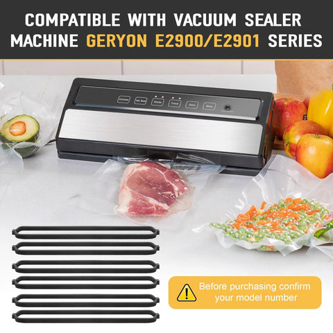 Front view: 6-pack black rubber gaskets for vacuum sealer, compatible with GERYON E2900/E2901, shown with sealed meat.