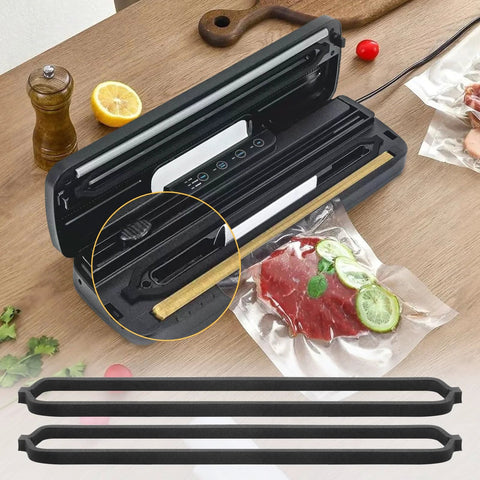 Two black rubber vacuum sealer gasket strips, foam-saver replacement parts for GERYON E2900/E2901.
