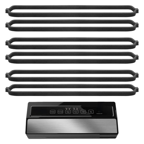 Food sealer gasket set: six black rubber gaskets for GERYON E2900/E2901 vacuum sealer, upper and lower replacement seals