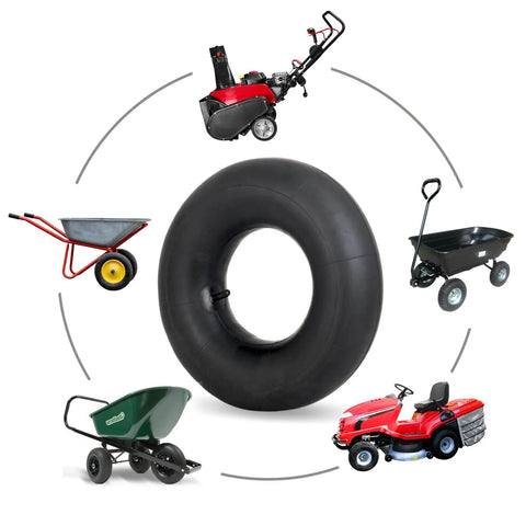 ✝️ 4.00-6 replacement inner tube, 2 pack with tr-13 valve stem, heavy duty, shown with various compatible garden equipment.