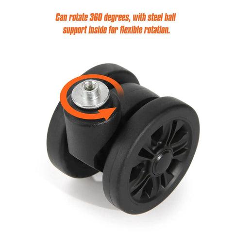2 Pack Luggage Replacement Wheels Universal Suitcase Swivel Casters Rubber Wheels Repair Kit 55mm Diameter Durable Wear Resistant Load Bearing For Replacing Damaged Or Worn Out Luggage Wheels And Castors, showing close-up of black rubber wheel with 360-degree swivel mechanism and steel ball support on white background.