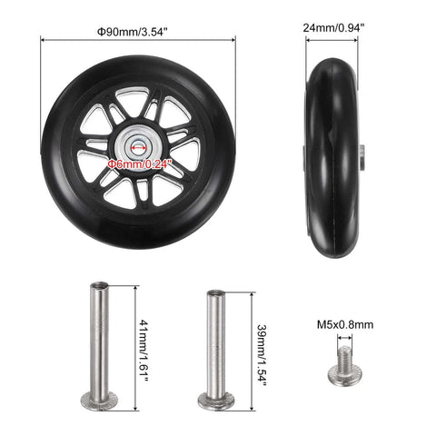 Replacement Luggage Wheels 90x24mm Suitcase Repair Kit with PU Bearing Wheels showing black wheel and metal axle screws.