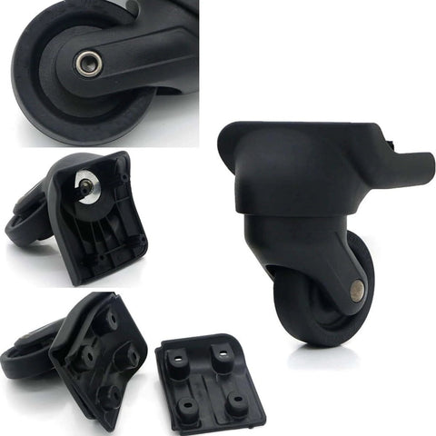 Replacement Luggage Wheel Repair Set with Spinner Casters Model W044 featuring PVC wheels and bearings in various angles.
