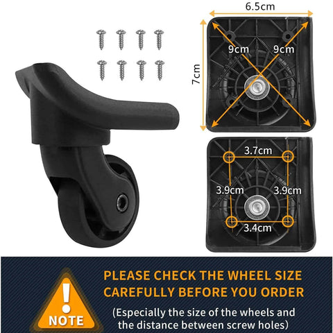 Replacement Luggage Wheel Suitcase Repair Spinner Wheels Model W149 with screws, detailed size measurements and smooth design.