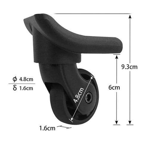 Replacement Luggage Wheel Suitcase Repair Spinner Wheels Model W149 showing dimensions 4.8cm, 1.6cm, and 9.3cm made from PVC and PP.