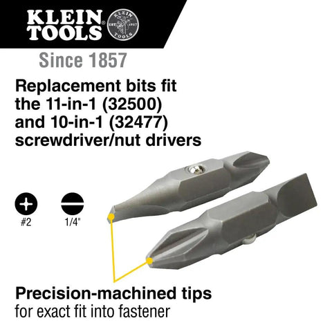 Replacement Bit For 11-In-1 And 10-In-1 Screwdriver Nut Drivers Includes Number 2 Phillips And 1/4 Inch Slotted Tips, shown front view.