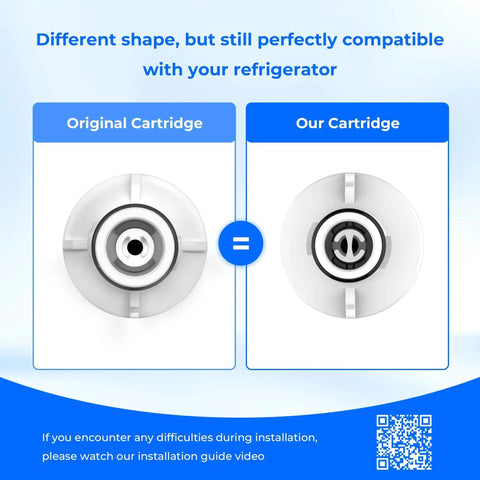 Comparison of original and replacement LT1000PC water filter cartridges for ThinQ LG refrigerators, showing compatibility in design.