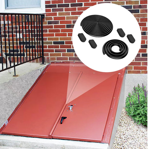 Front view of red Bilco basement door with black rubber weatherstrip kit: 1 U-shaped gasket, 1 bulb trim gasket, 4 cap seal pads.