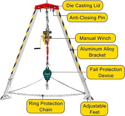 Front view of Heavy Duty Confined Space Rescue Tripod Kit With Fall Arrester Self Locking Winch And Safety Harness Emergency Rescue System For Pipe Repair And Sewer Cleaning 10M Fall Arrestor 1800Lbs Capacity, showing aluminum design and components.