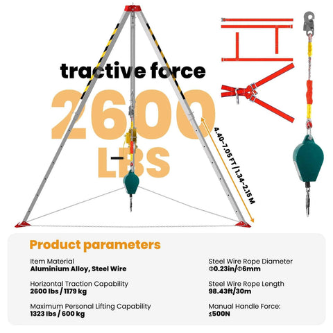 Front view of the Confined Space Rescue Tripod Kit With 2600lbs Winch, featuring a 7-foot adjustable tripod and 98.4-foot steel cable.