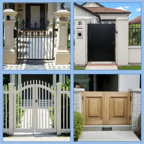 Collage of four types of gates showcasing potential applications of 2 Pack Heavy Duty Spring Loaded Gate Casters With 4 Inch Sliding Wheels.