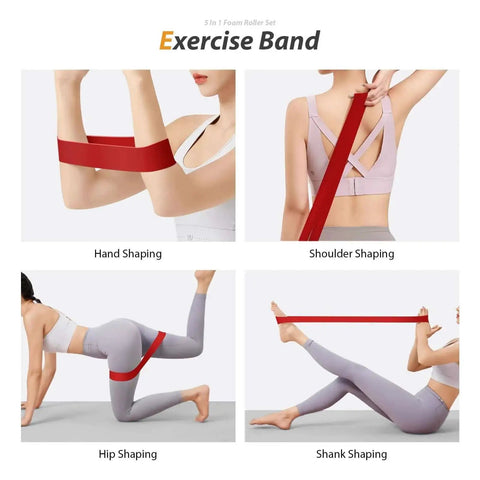 Exercises using red resistance band included in 5 In 1 Deep Tissue Massage Set With Foam Roller, Trigger Point Roller Stick, Massage Ball, Resistance Band And Yoga Stretch Band For Full Body Recovery, Pilates And Fitness Training, Portable Black Red