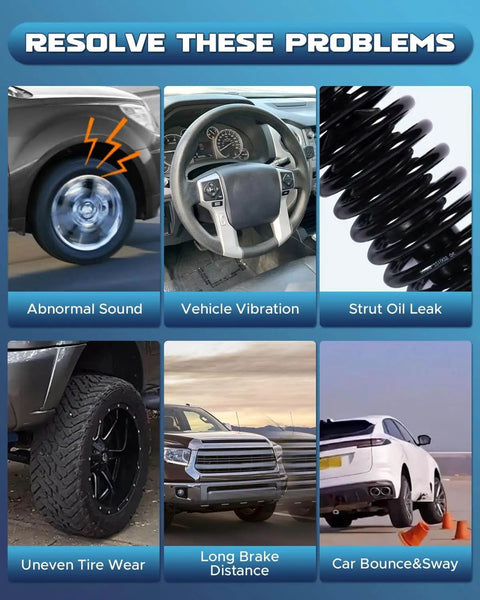 Image showing vehicle issues like abnormal sound, vehicle vibration, strut oil leak, uneven tire wear, long brake distance, and car bounce.