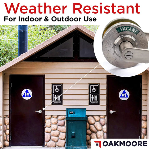 Weather-resistant commercial door handle with vacant occupied indicator on restroom building, suitable for public bathrooms.