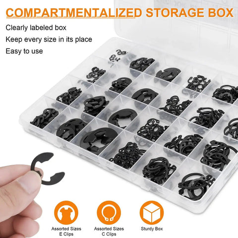 352 Piece Retaining Ring Assortment Kit with E Clips and External C Clips in storage box, 24 sizes, black carbon steel snap rings.